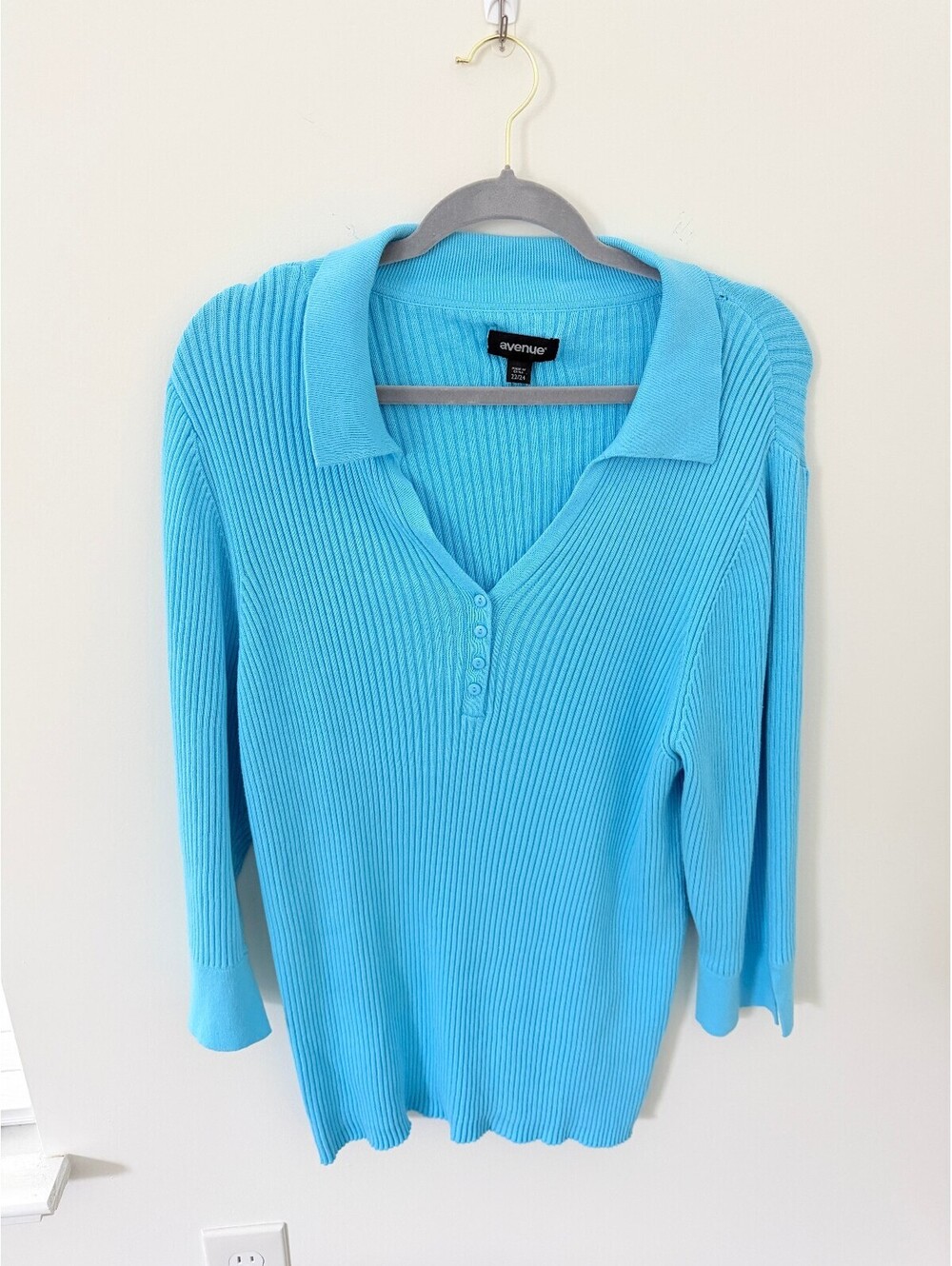 Plus Size Avenue  Blue Ribbed Henley Sweater Collared Top